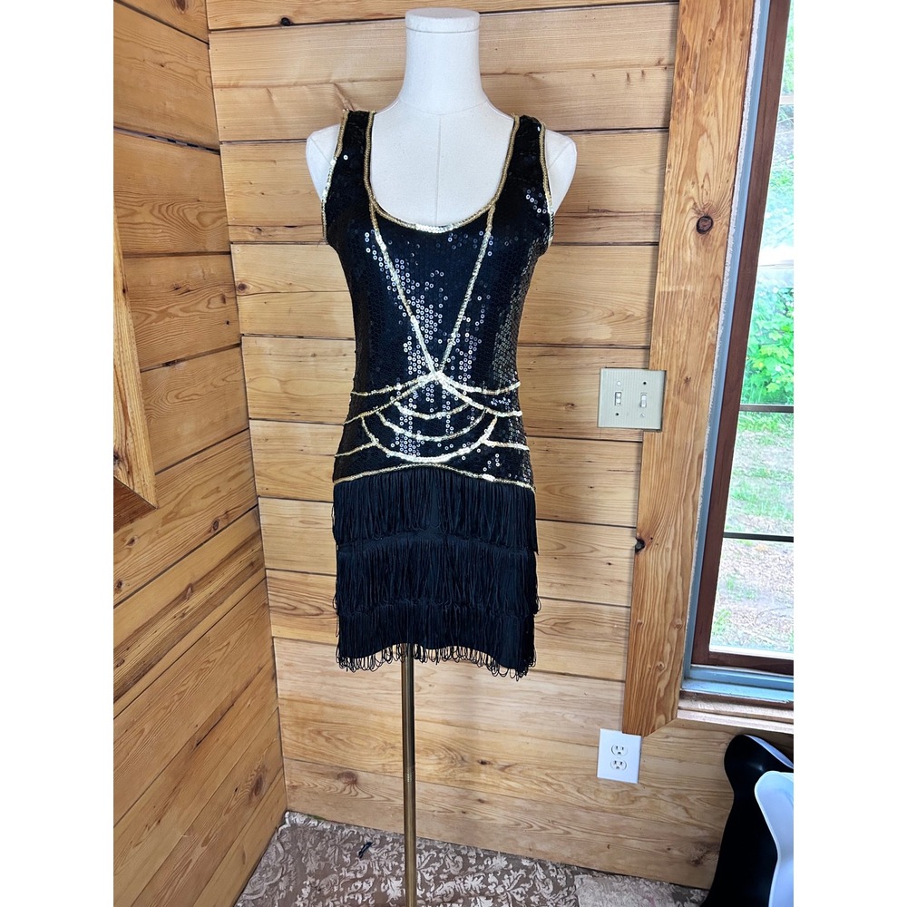 Vintage Flapper Dress Womens Small Black Gold Sequin Fringe Art Deco Gatsby Mini